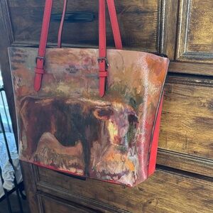 Coach Handpainted Cow Print Leather Tote with Red Accents